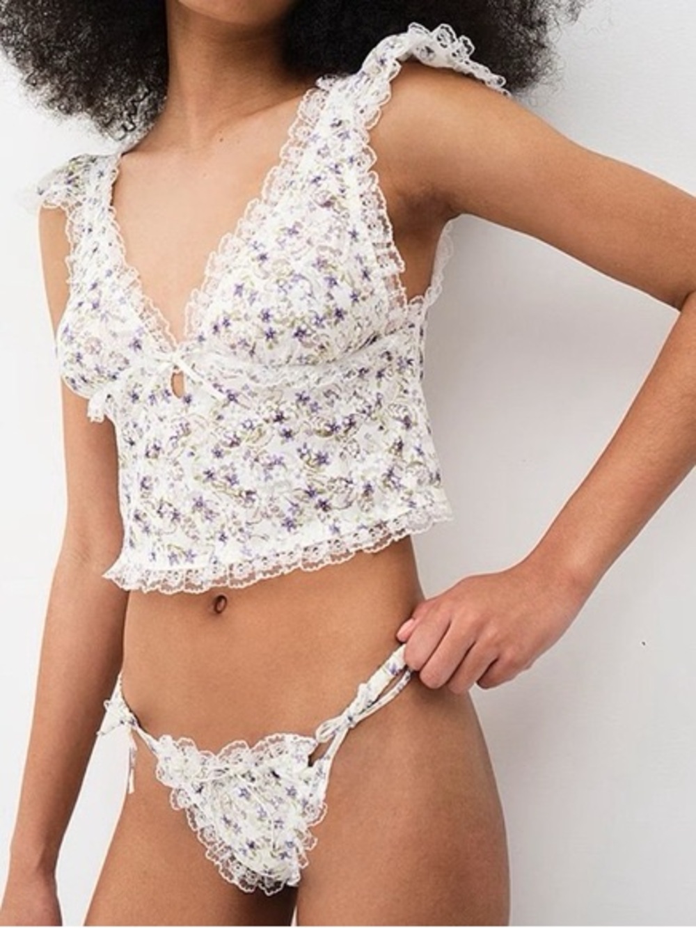 For Love and Lemons Floral Lace Top - White with Purple Floral